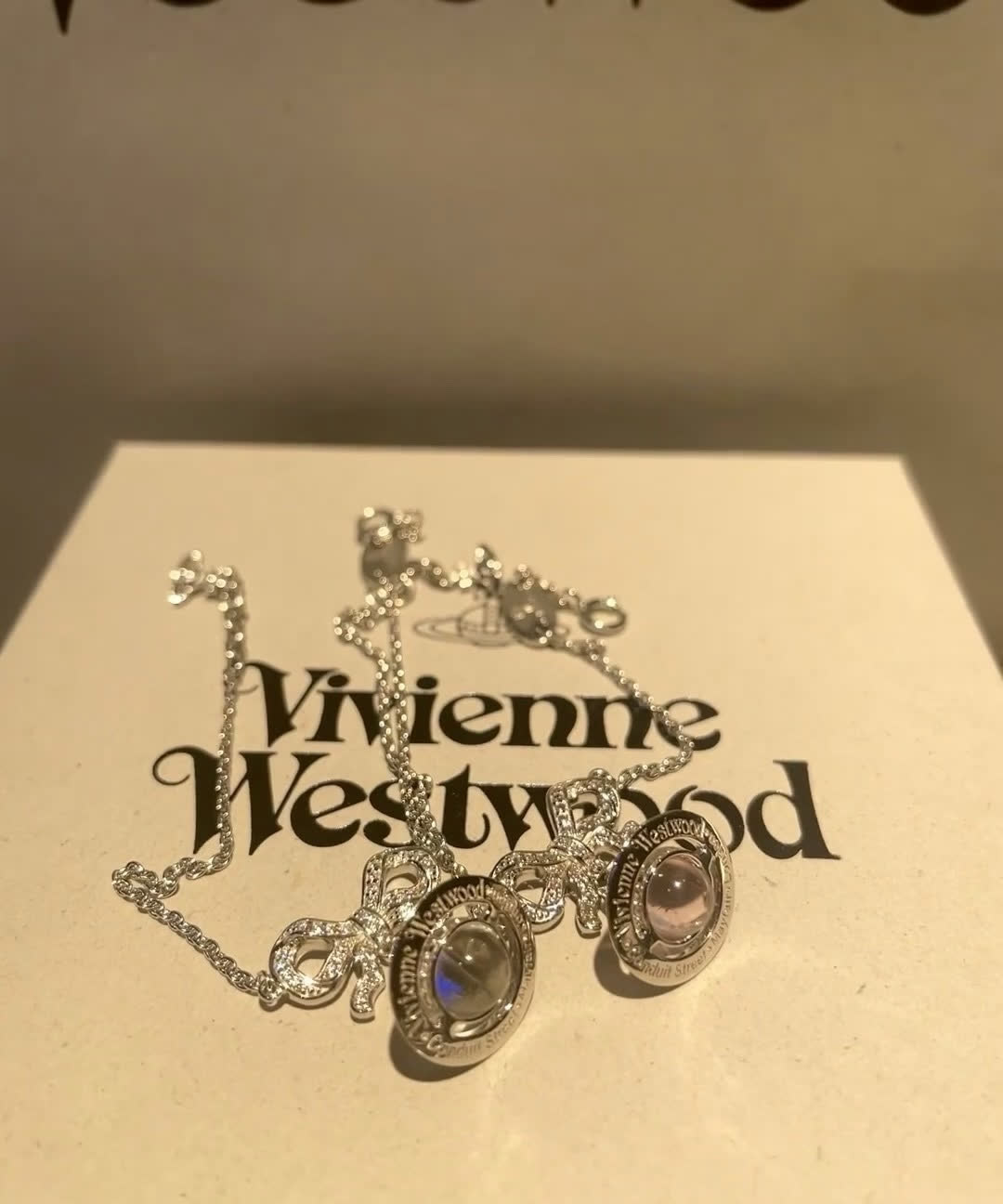 Vivienne Westwood Silver Tone Crystal & Rainbow Moonstone Necklace